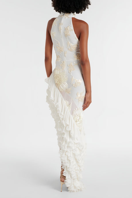 Aurohaya Théoline Neutral Asymmetrical Ruffled Floral Midi Dress