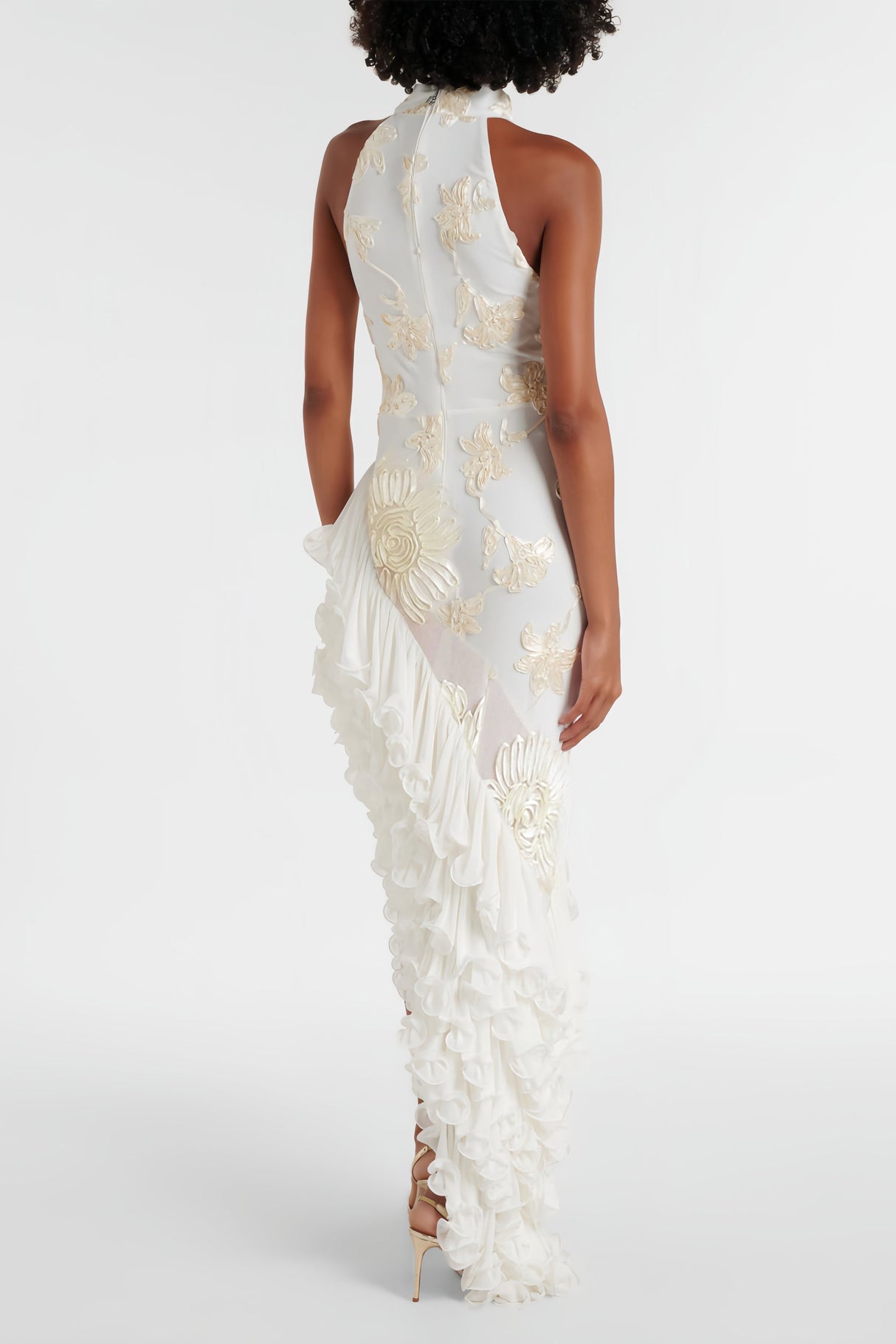 Aurohaya Théoline Neutral Asymmetrical Ruffled Floral Midi Dress