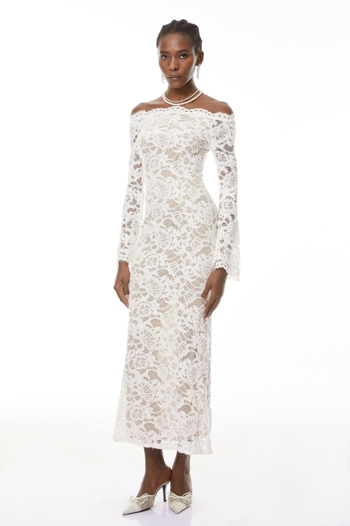 Aurohaya Theresa White Semi-Sheer Floral Lace Maxi Dress