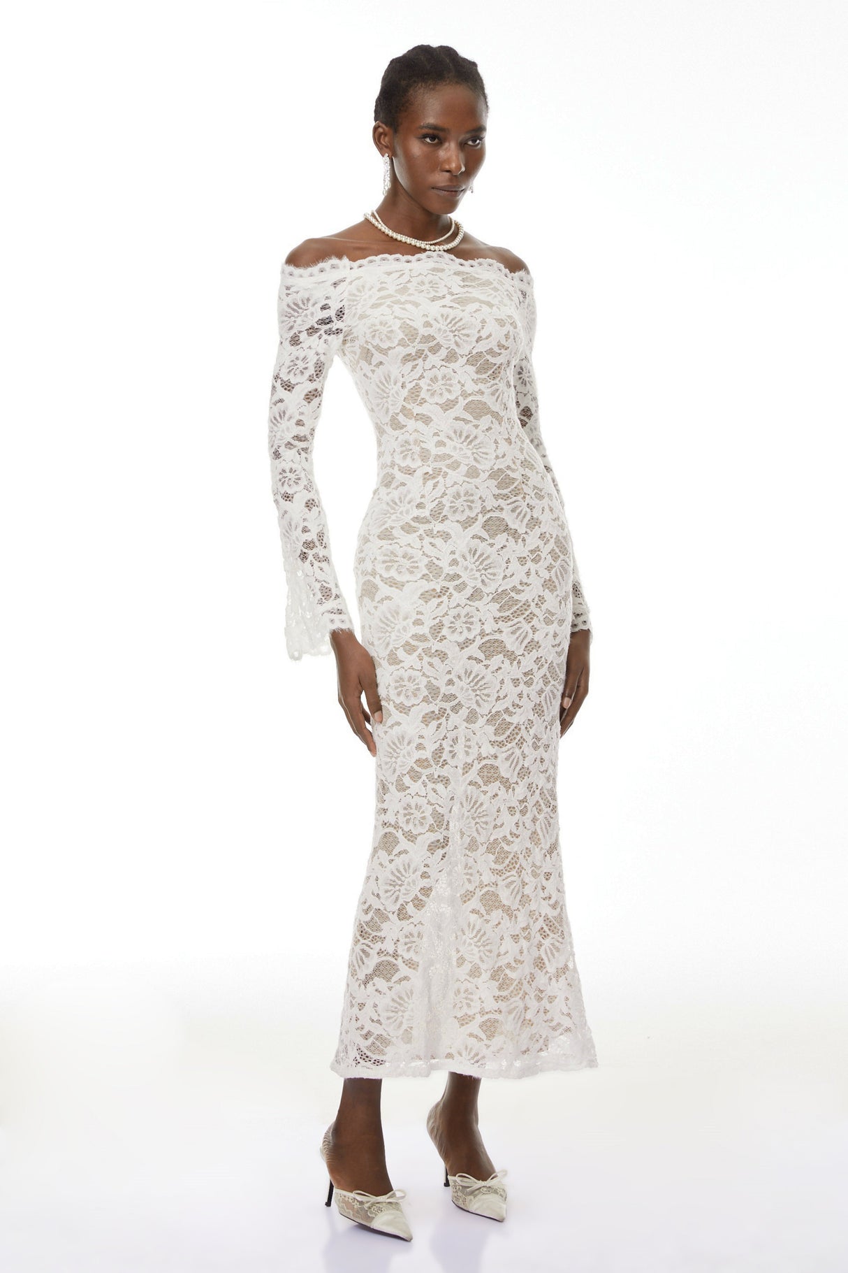 Aurohaya Theresa White Semi-Sheer Floral Lace Maxi Dress