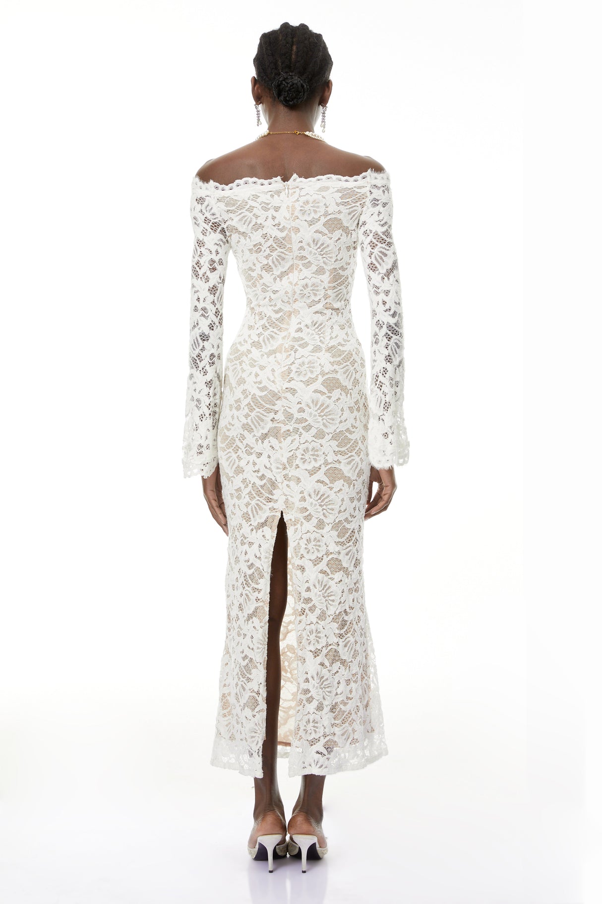Aurohaya Theresa White Semi-Sheer Floral Lace Maxi Dress