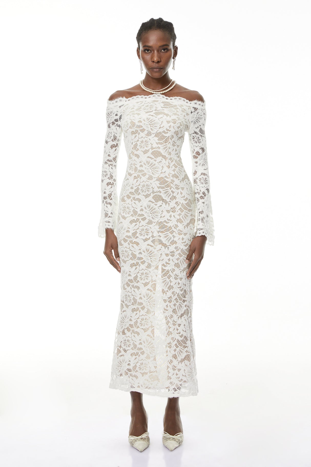 Aurohaya Theresa White Semi-Sheer Floral Lace Maxi Dress
