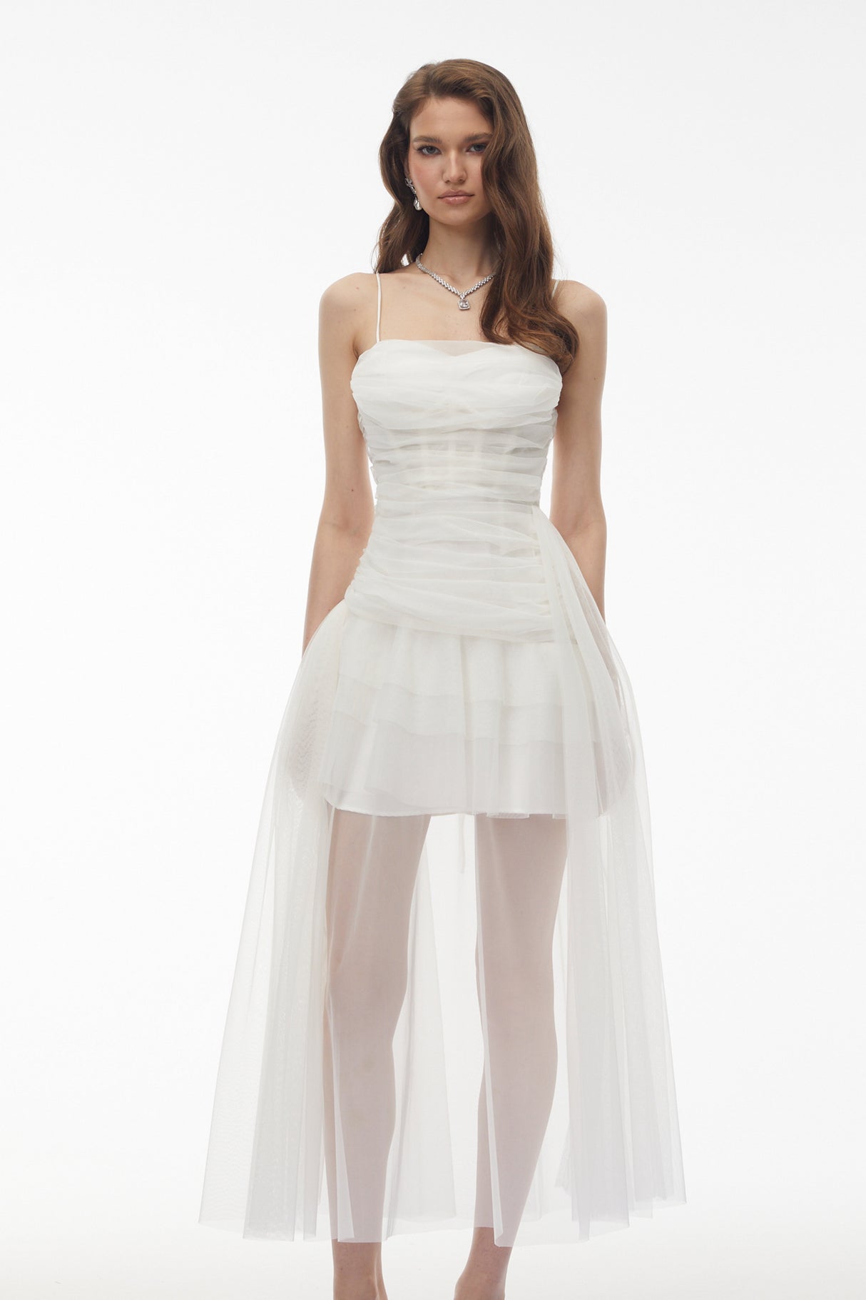 Aurohaya Thisbe White Asymmetrical Mesh Maxi Dress