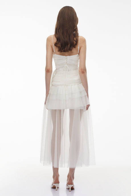 Aurohaya Thisbe White Asymmetrical Mesh Maxi Dress
