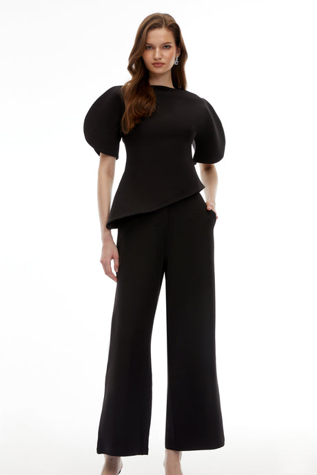 Aurohaya Uliana Black Puff Sleeve Top & Trousers Set
