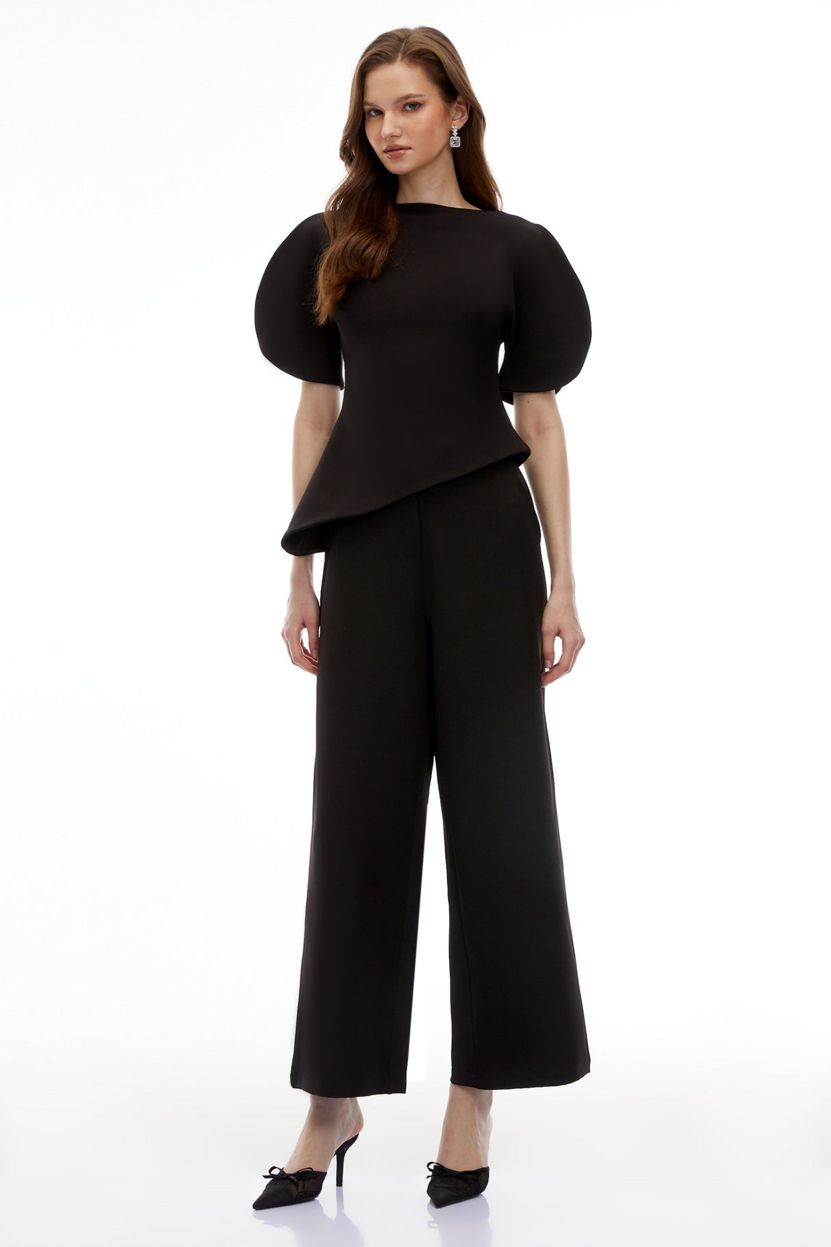 Aurohaya Uliana Black Puff Sleeve Top & Trousers Set