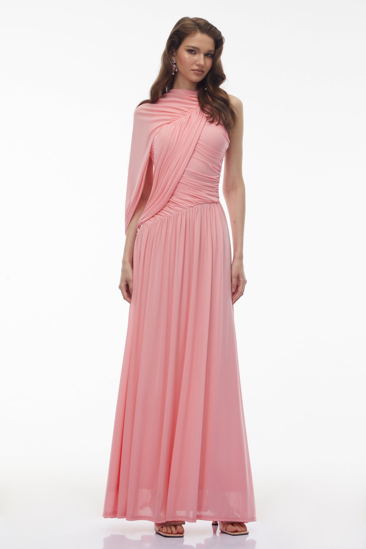 Aurohaya Uliana Pink One Shoulder Ruched Maxi Dress