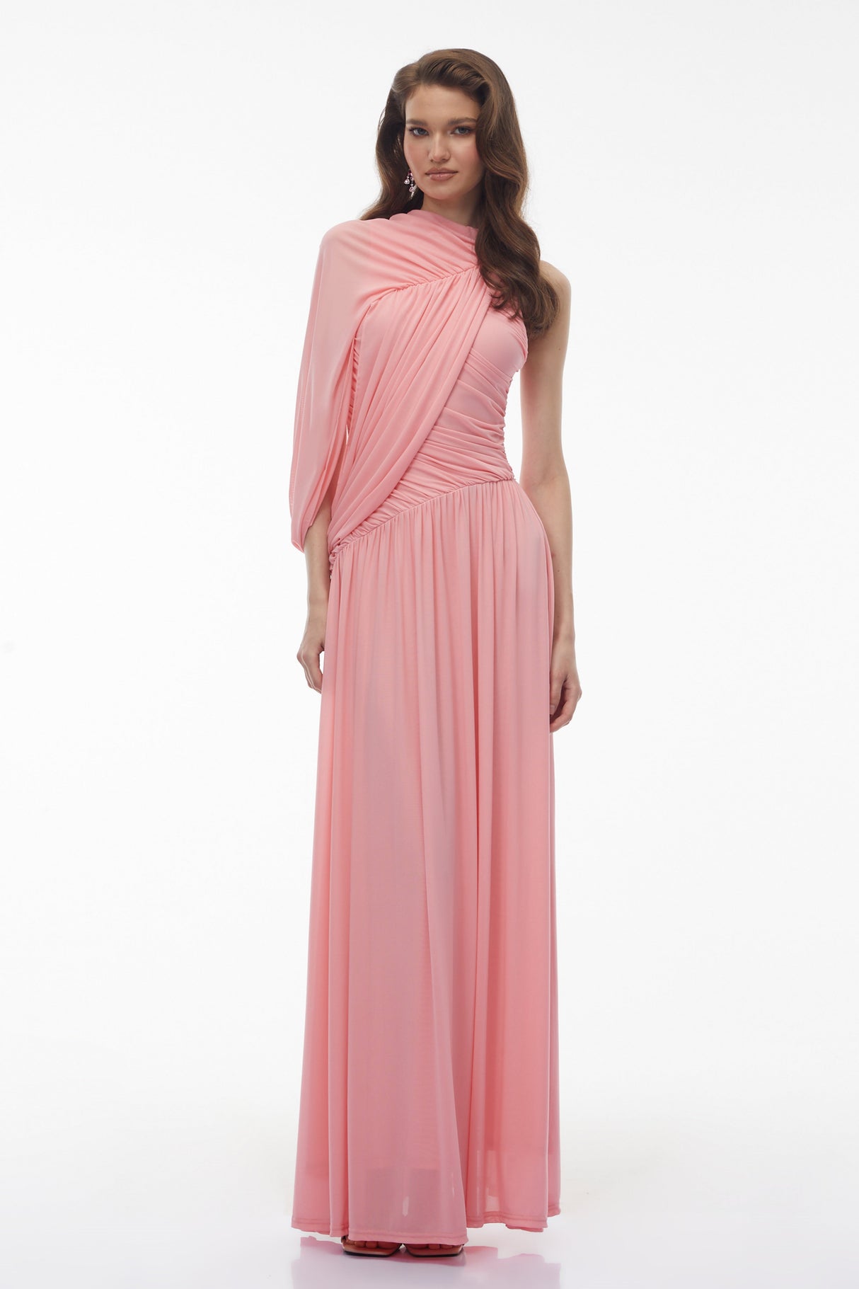Aurohaya Uliana Pink One Shoulder Ruched Maxi Dress
