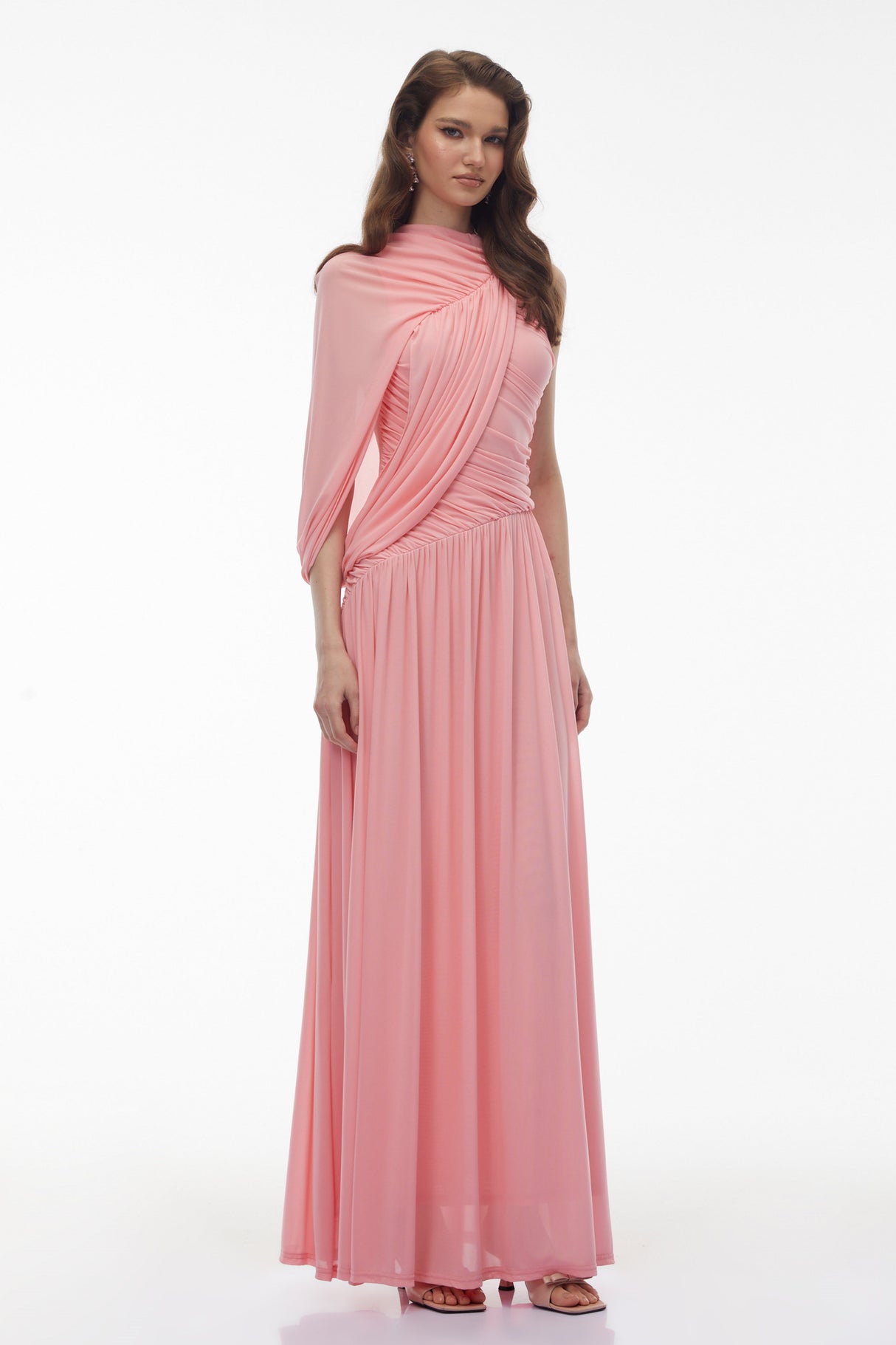 Aurohaya Uliana Pink One Shoulder Ruched Maxi Dress