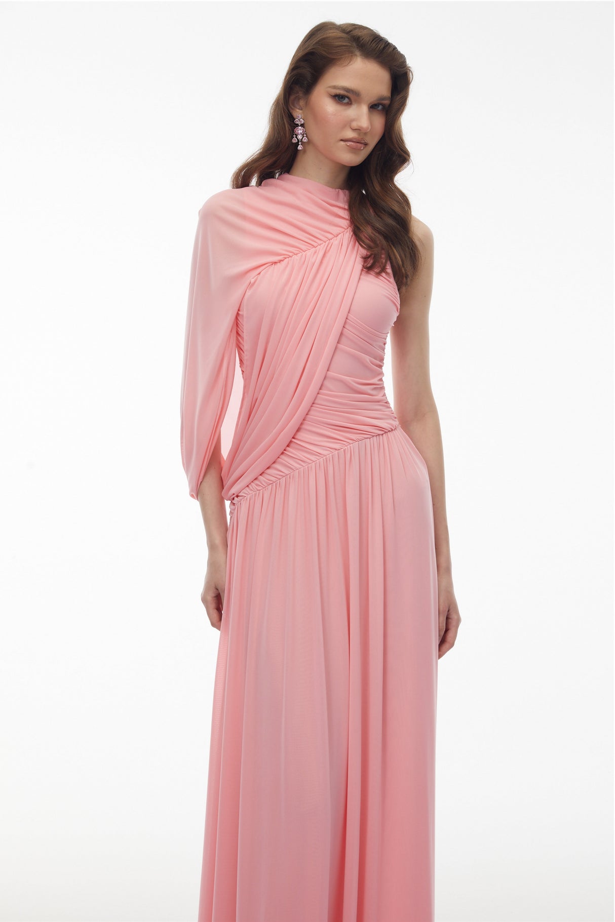 Aurohaya Uliana Pink One Shoulder Ruched Maxi Dress