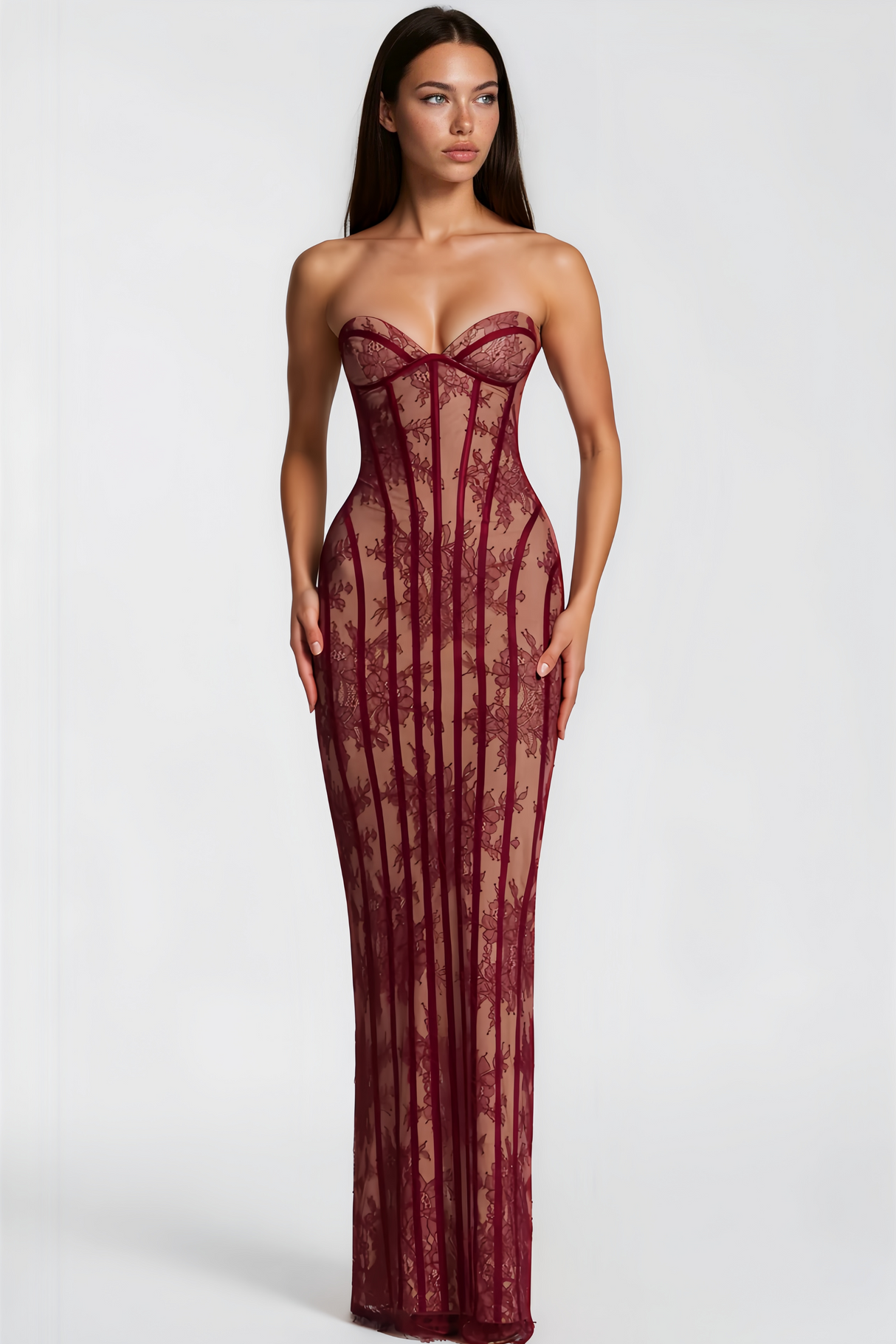 Aurohaya Urszula Red Floral Lace Corset Maxi Dress