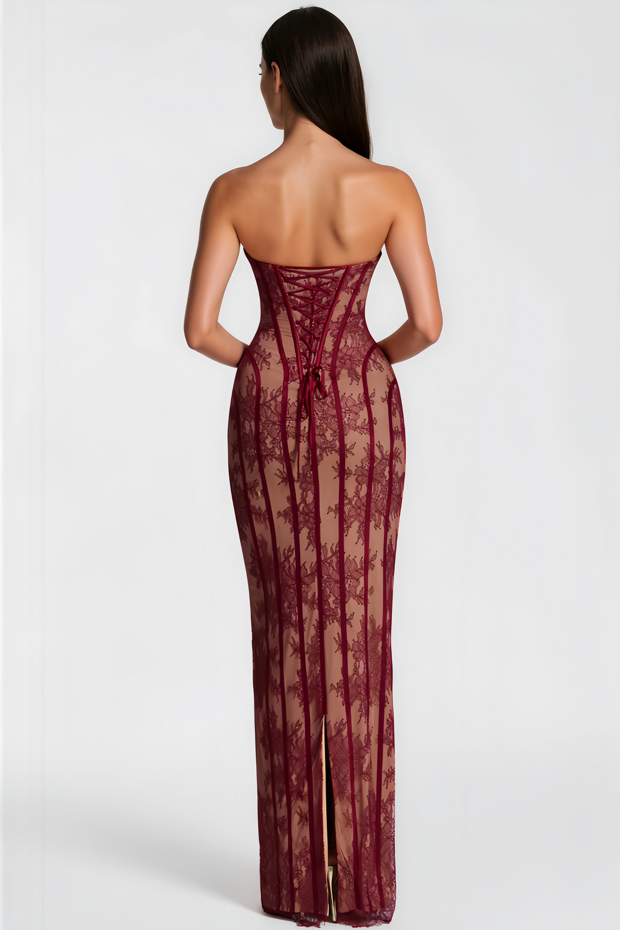 Aurohaya Urszula Red Floral Lace Corset Maxi Dress