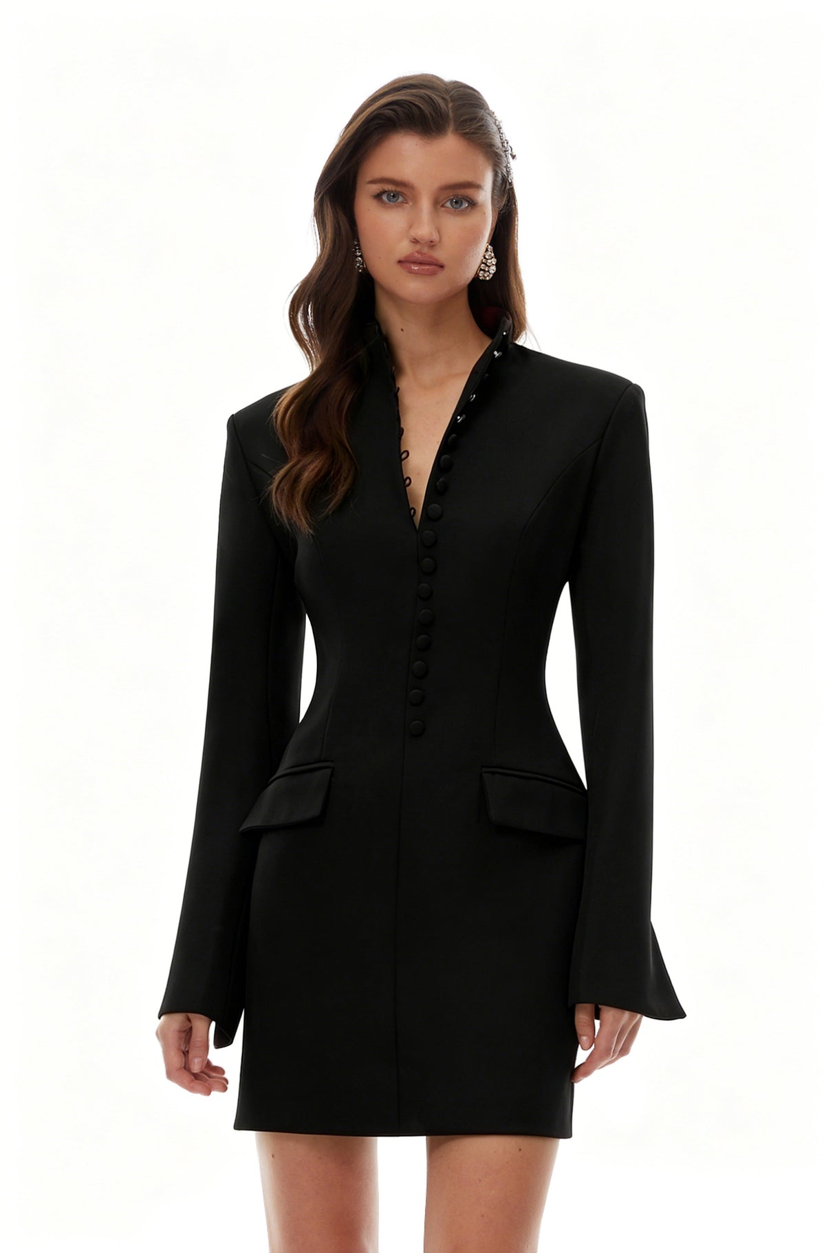Aurohaya Valeria Black Stand Collar Long Sleeves Mini Dress