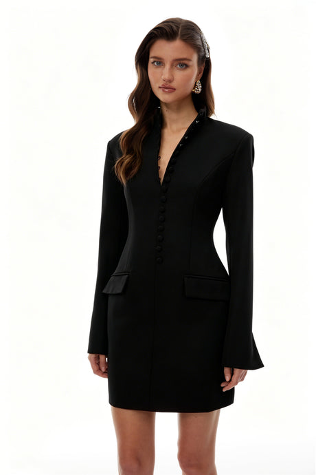 Aurohaya Valeria Black Stand Collar Long Sleeves Mini Dress