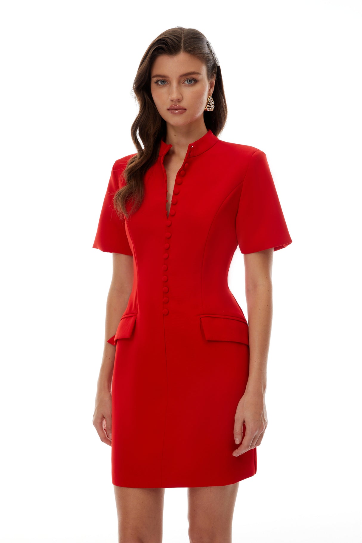 Aurohaya Valeria Red Stand Collar Short Sleeves Mini Dress