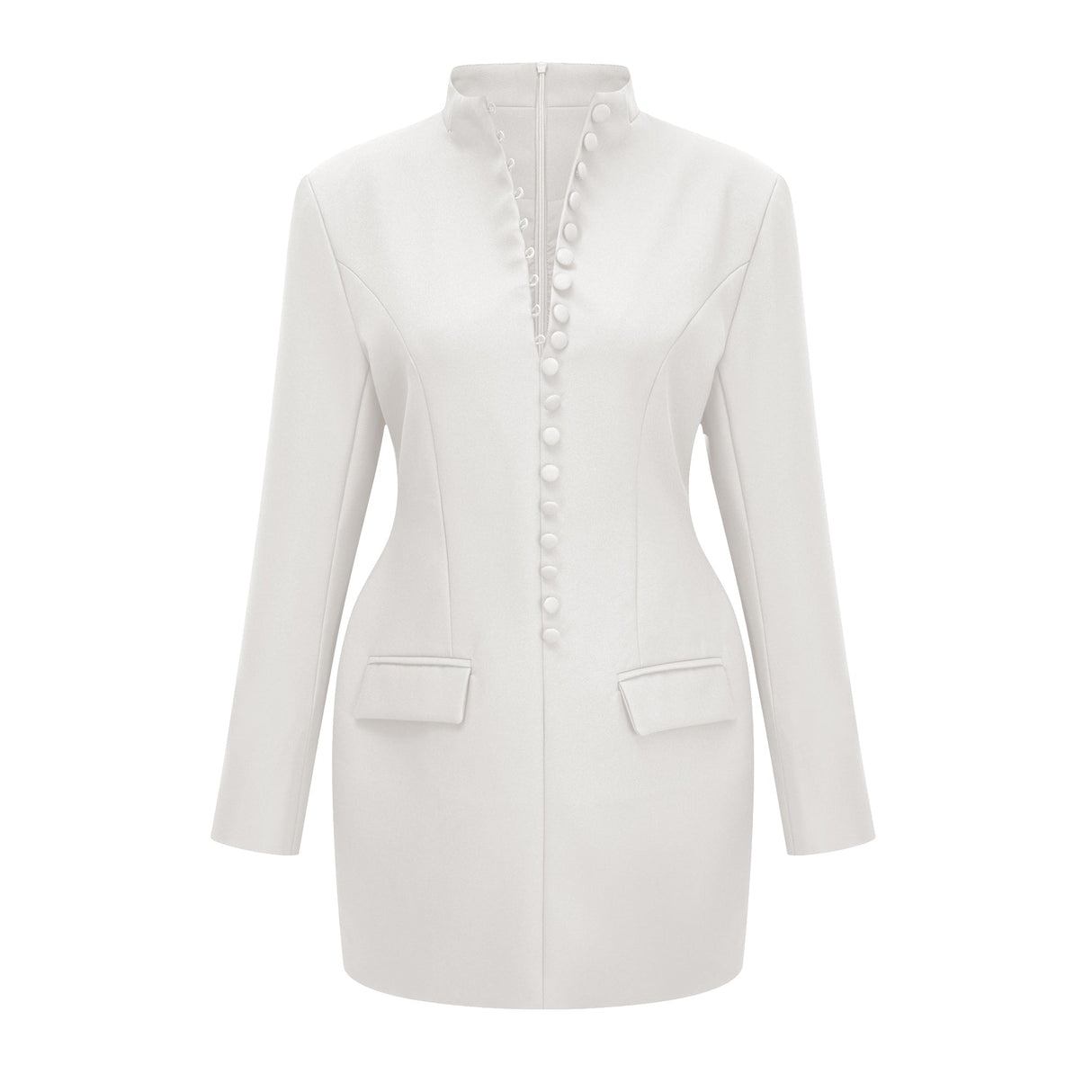 Aurohaya Valeria White Stand Collar Long Sleeves Mini Dress