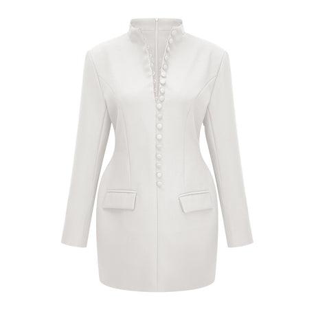 Aurohaya Valeria White Stand Collar Long Sleeves Mini Dress