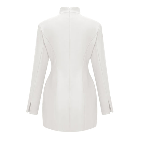 Aurohaya Valeria White Stand Collar Long Sleeves Mini Dress