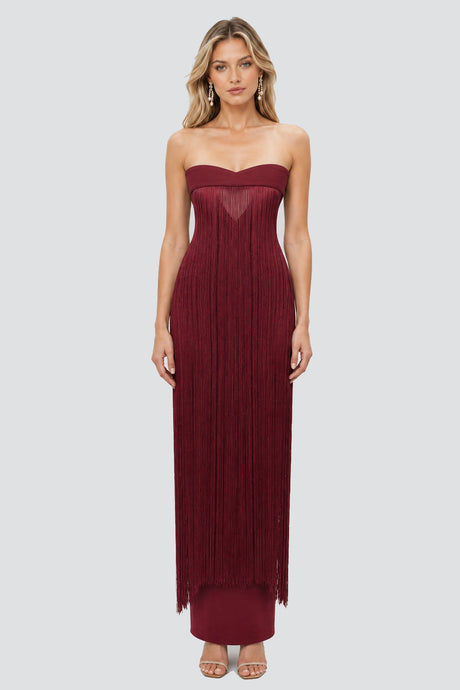 Valezine Strapless Fringe-Overlay Column Maxi Dress - Burgundy_-_selmori.com_-_01
