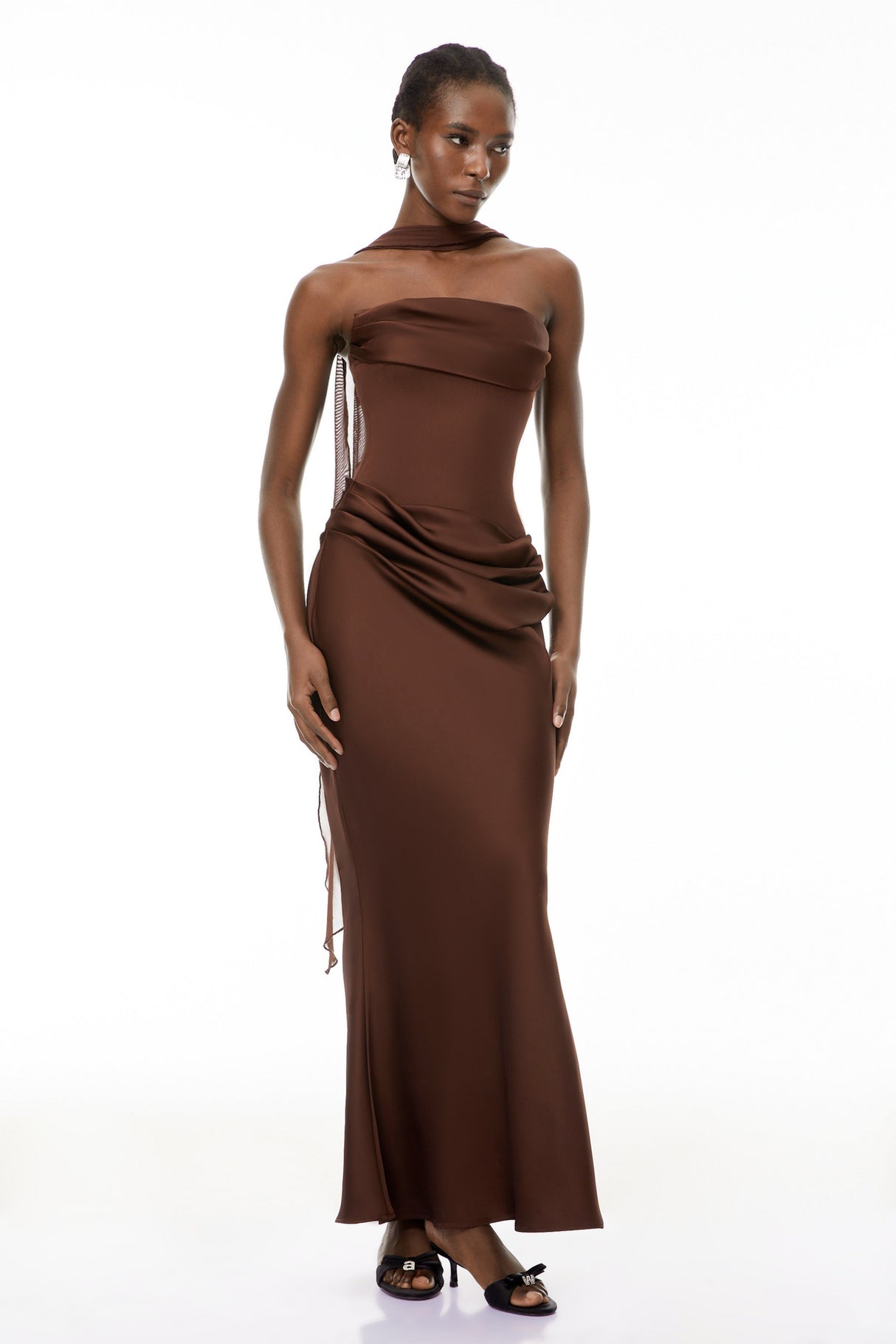 Aurohaya Vedette Brown Ruched Corset Maxi Dress (Without Gloves)