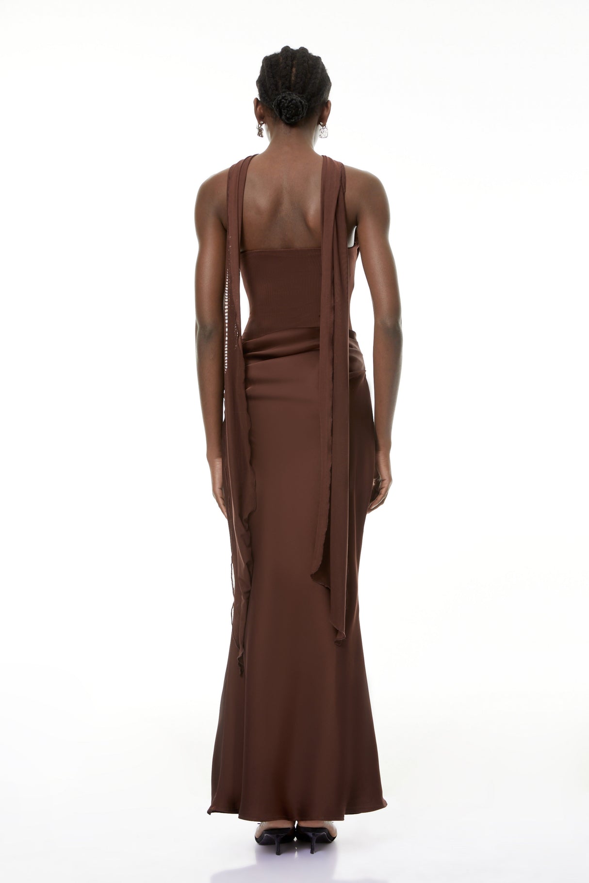 Aurohaya Vedette Brown Ruched Corset Maxi Dress (Without Gloves)