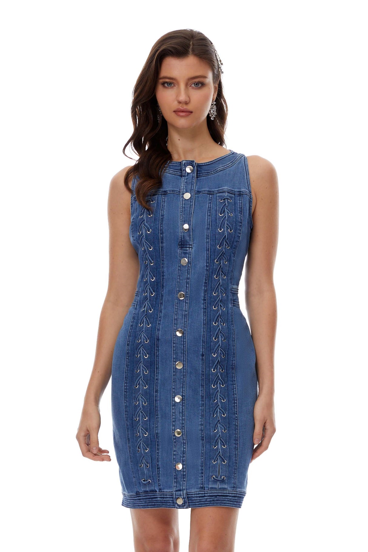 Aurohaya Veronika Blue Lace-Up Design Denim Mini Dress