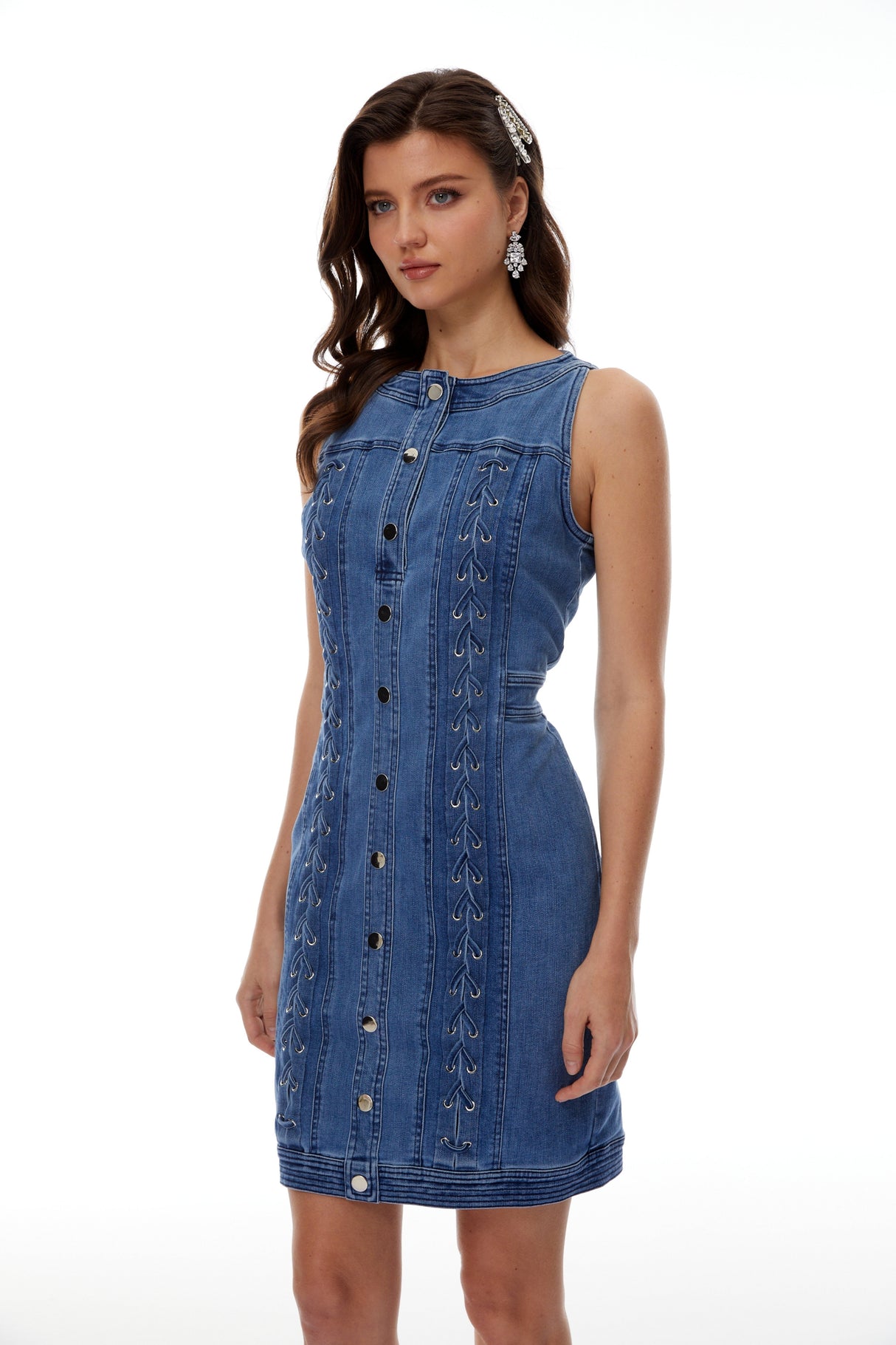 Aurohaya Veronika Blue Lace-Up Design Denim Mini Dress