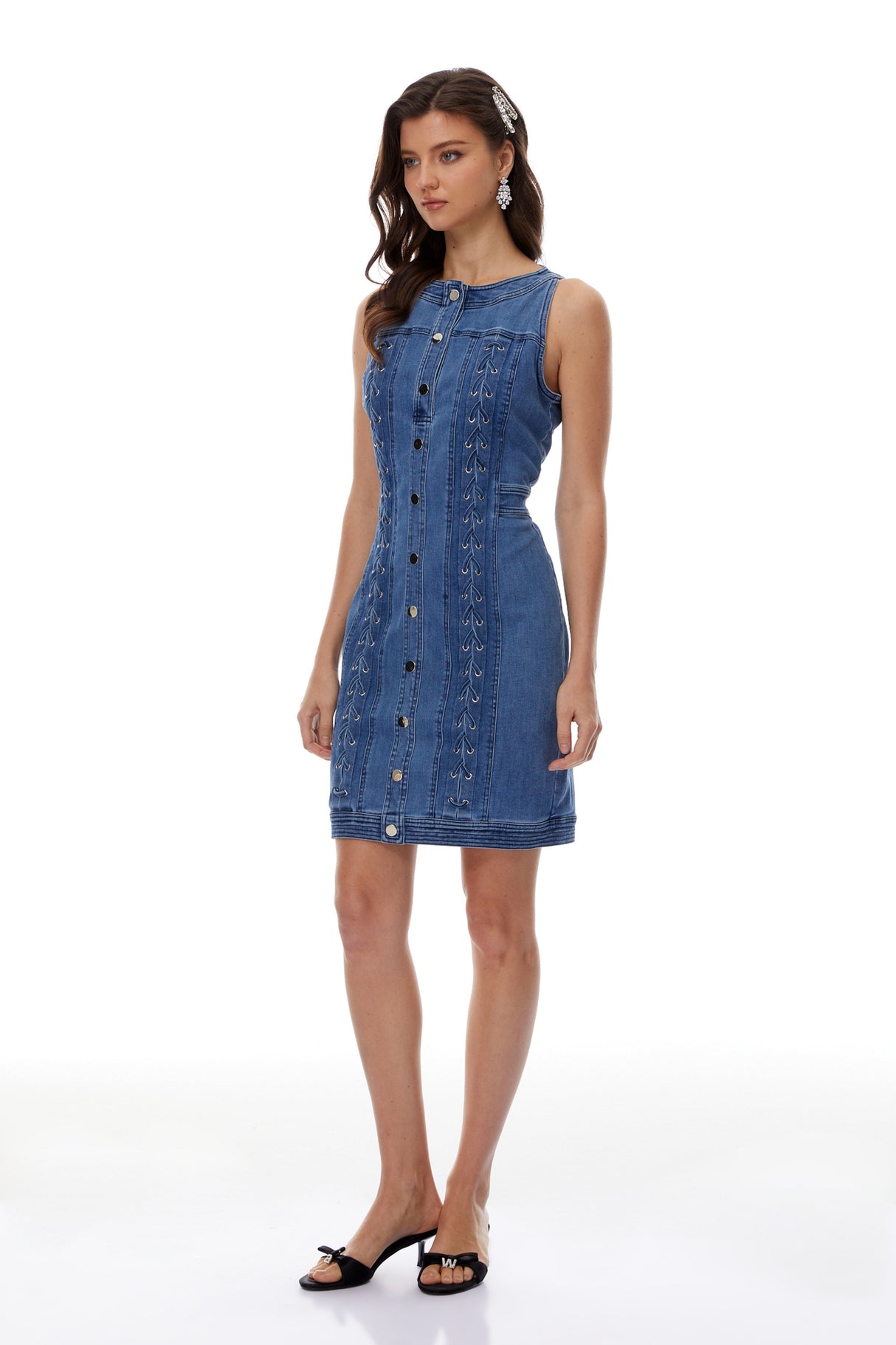 Aurohaya Veronika Blue Lace-Up Design Denim Mini Dress