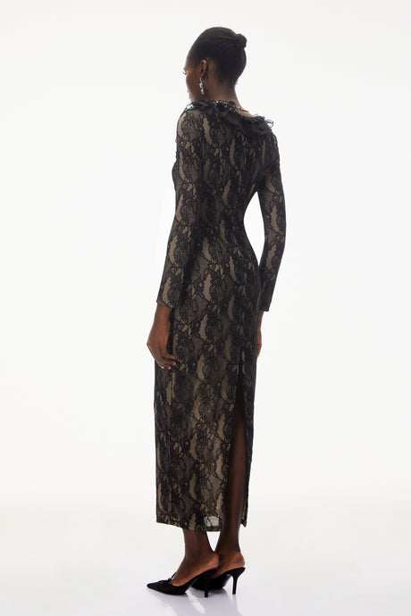 Aurohaya Vesna Black Ruffled Lace Midi Dress