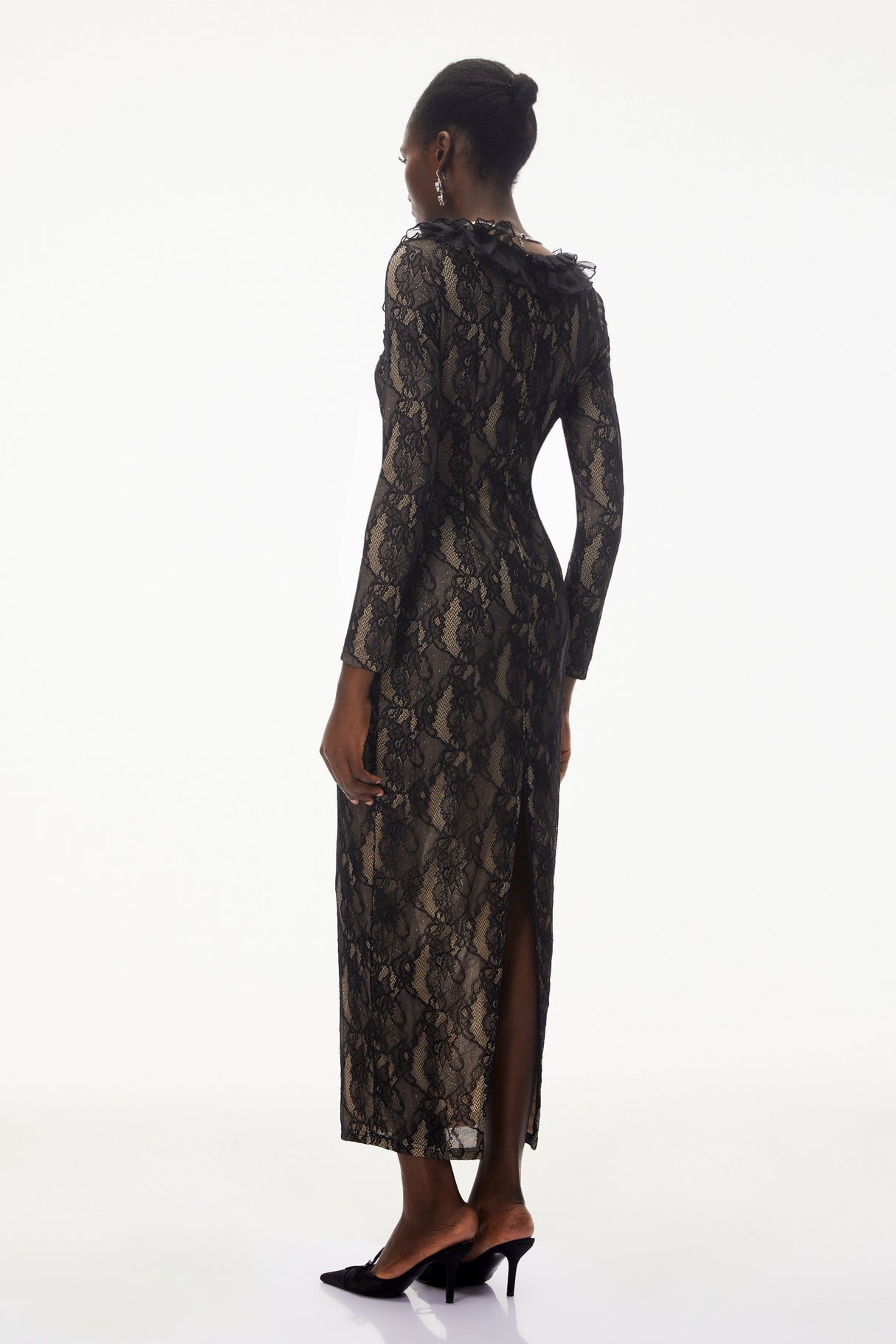 Aurohaya Vesna Black Ruffled Lace Midi Dress