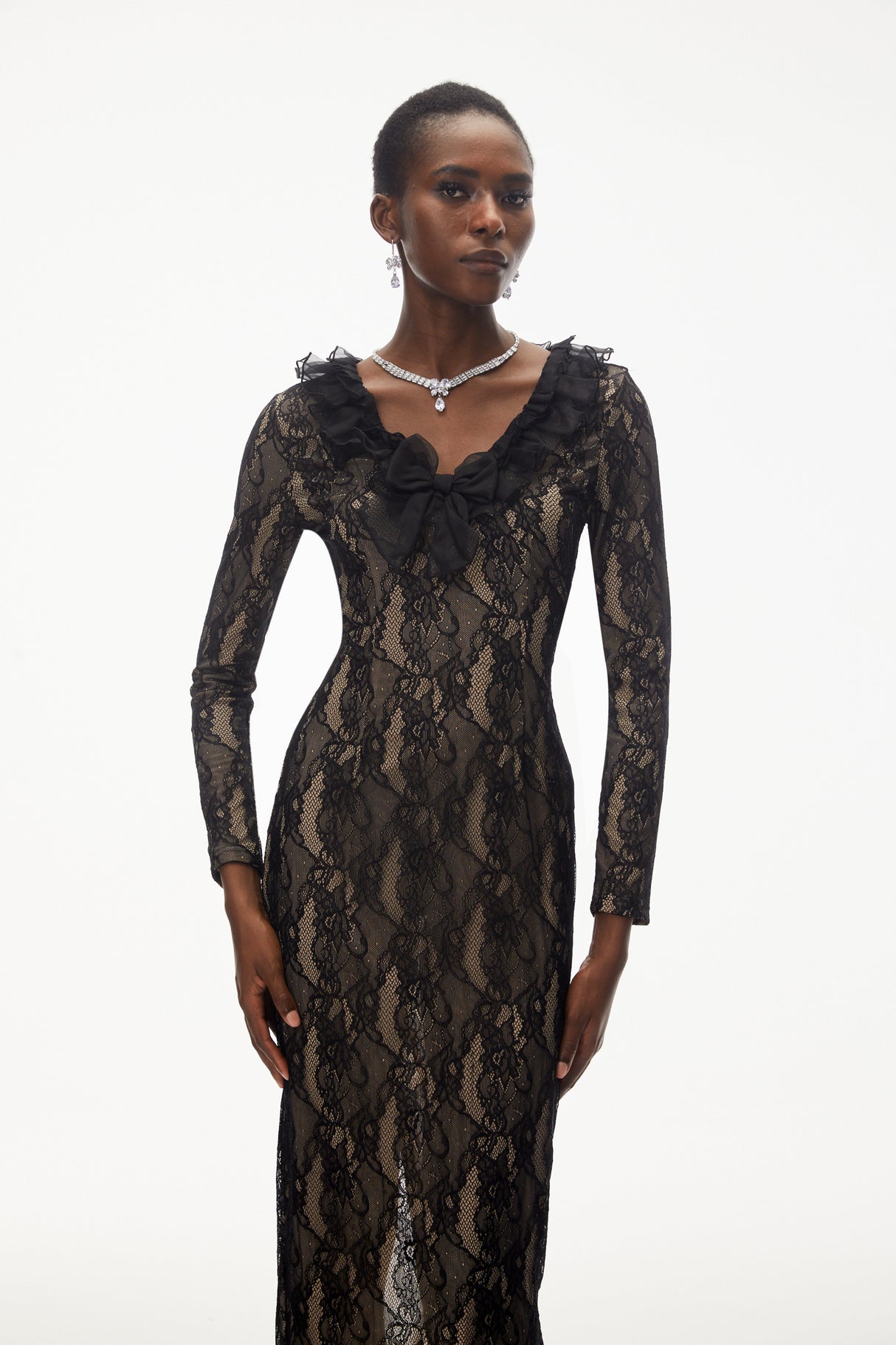 Aurohaya Vesna Black Ruffled Lace Midi Dress