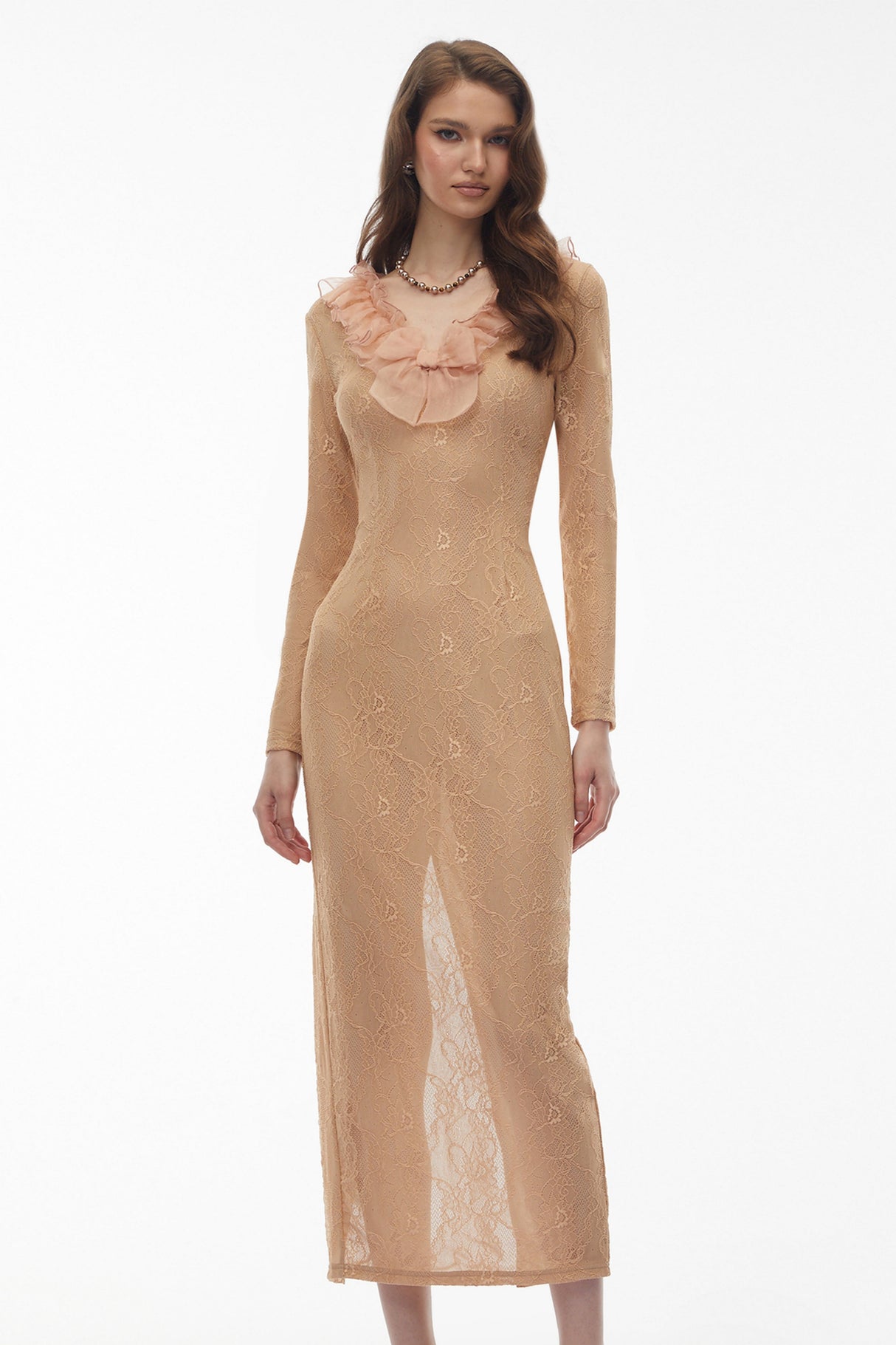 Aurohaya Vesna Neutral Ruffled Lace Midi Dress
