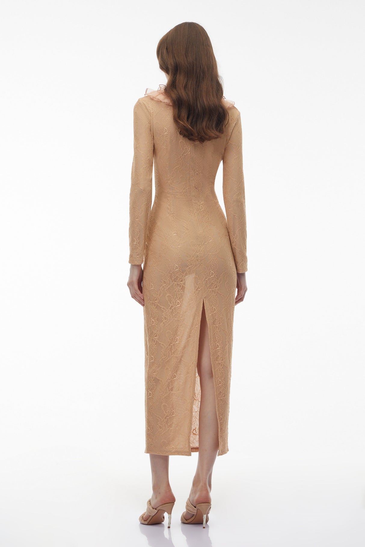 Aurohaya Vesna Neutral Ruffled Lace Midi Dress