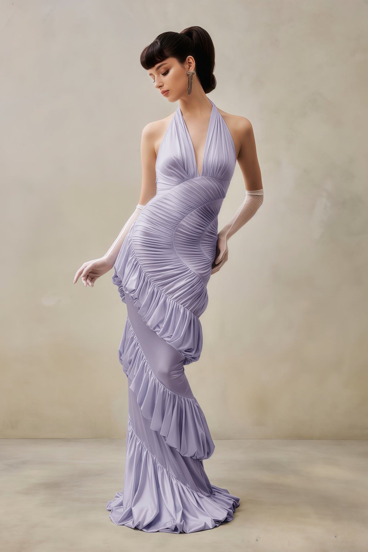 Aurohaya Vilhelmiina Purple Halterneck Shirred Maxi Dress