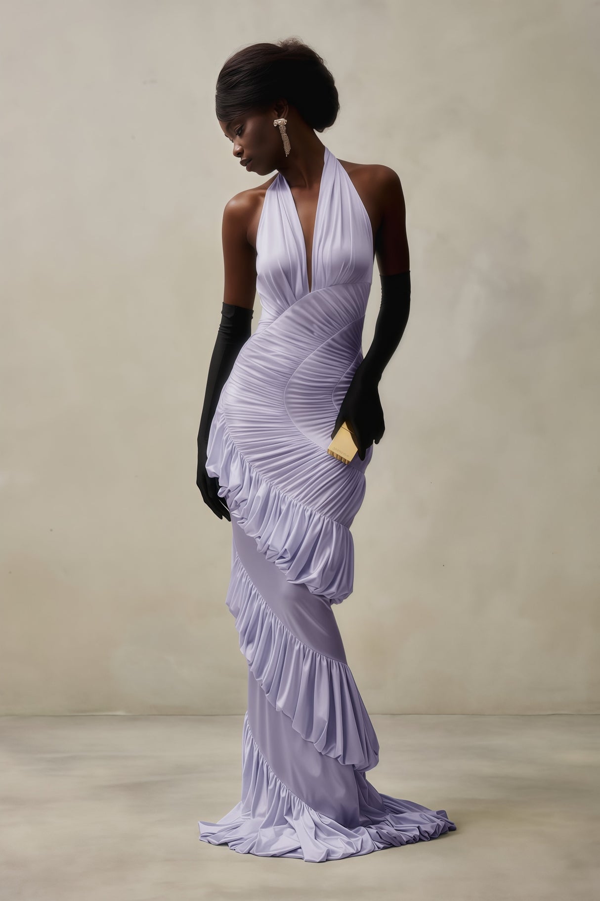 Aurohaya Vilhelmiina Purple Halterneck Shirred Maxi Dress