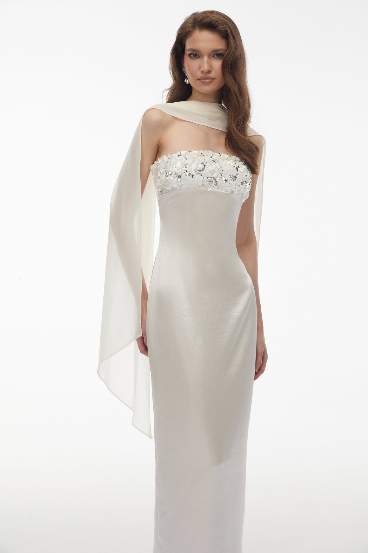 Aurohaya Vivienne White Off Shoulder Sequin Maxi Dress