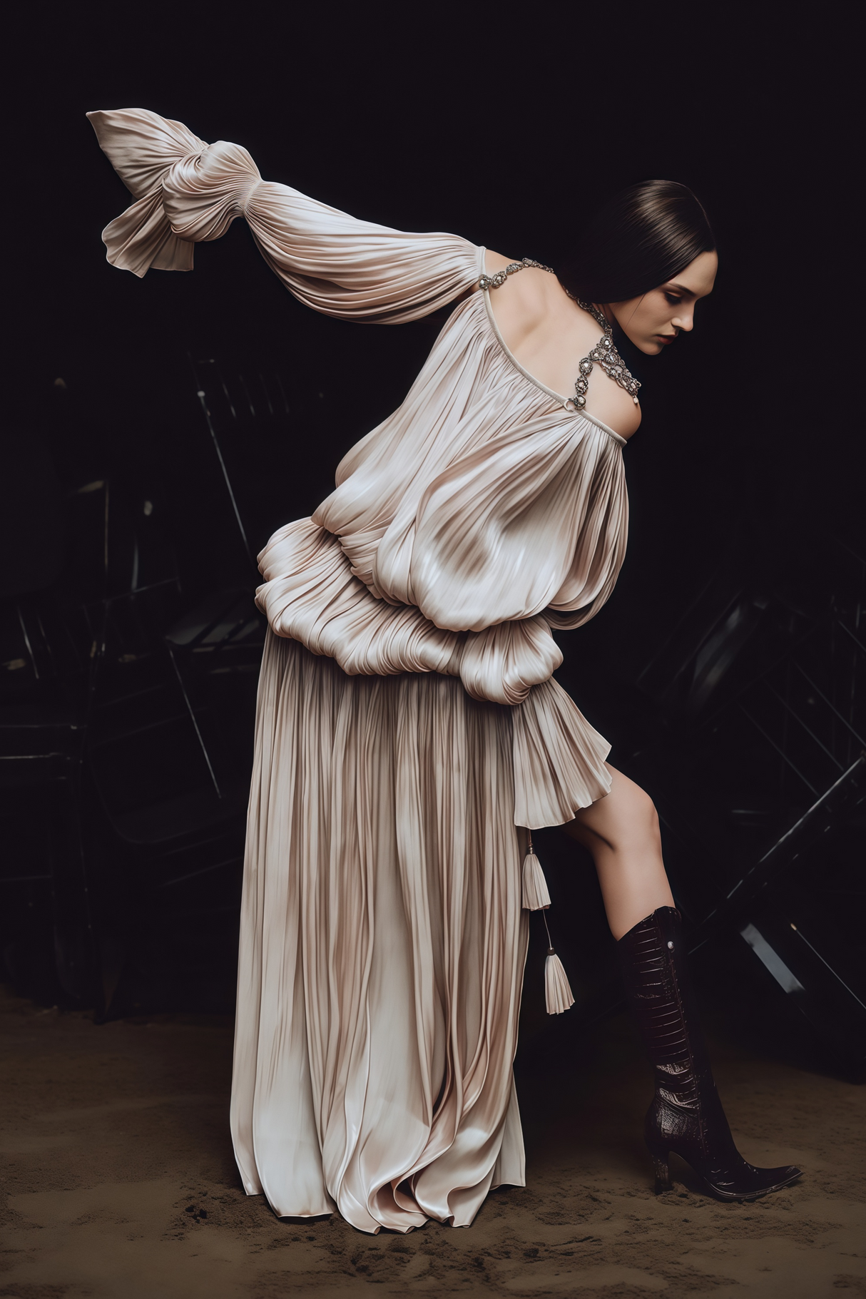 Aurohaya Vlasta Khaki Ruched Bubble Maxi Dress with Chain