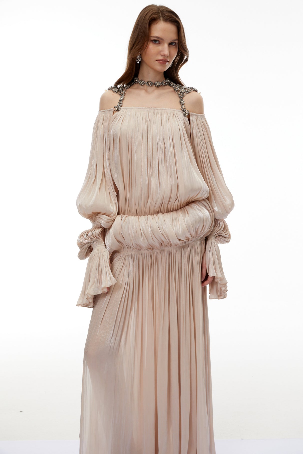 Aurohaya Vlasta Khaki Ruched Bubble Maxi Dress with Chain