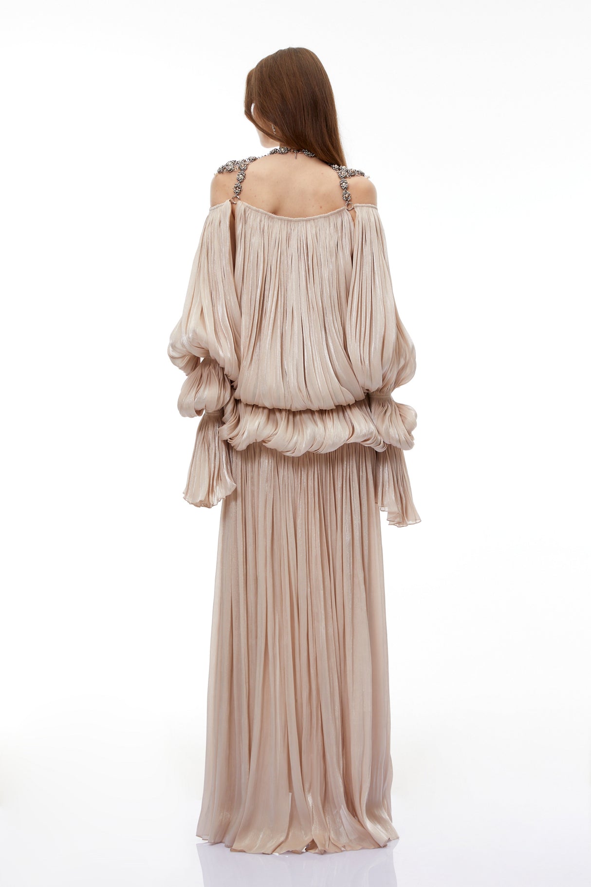 Aurohaya Vlasta Khaki Ruched Bubble Maxi Dress with Chain