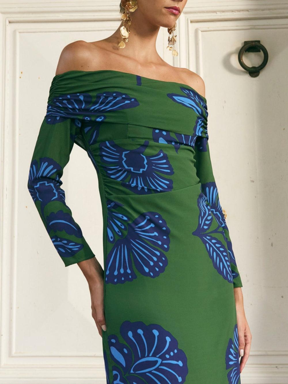 Aurohaya Bardot Neckline Long Sleeves Maxi Dress