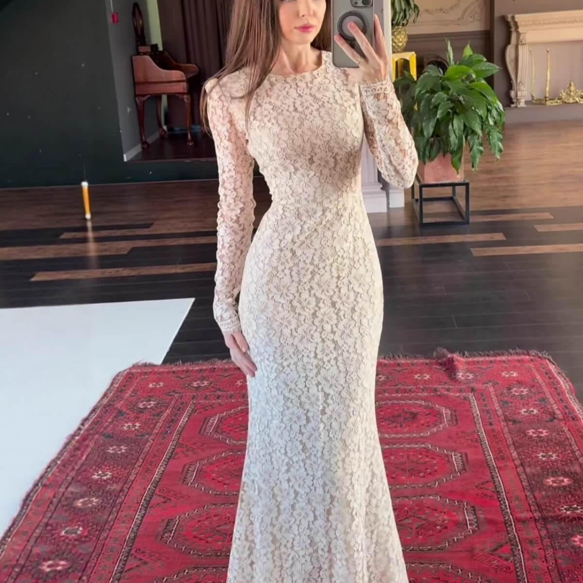 knee length dresses for ladies Wedtrend Women Elegant White Graduation Dress with Lace A Line Long Sleeves Boho Maxi Dress, White / XL