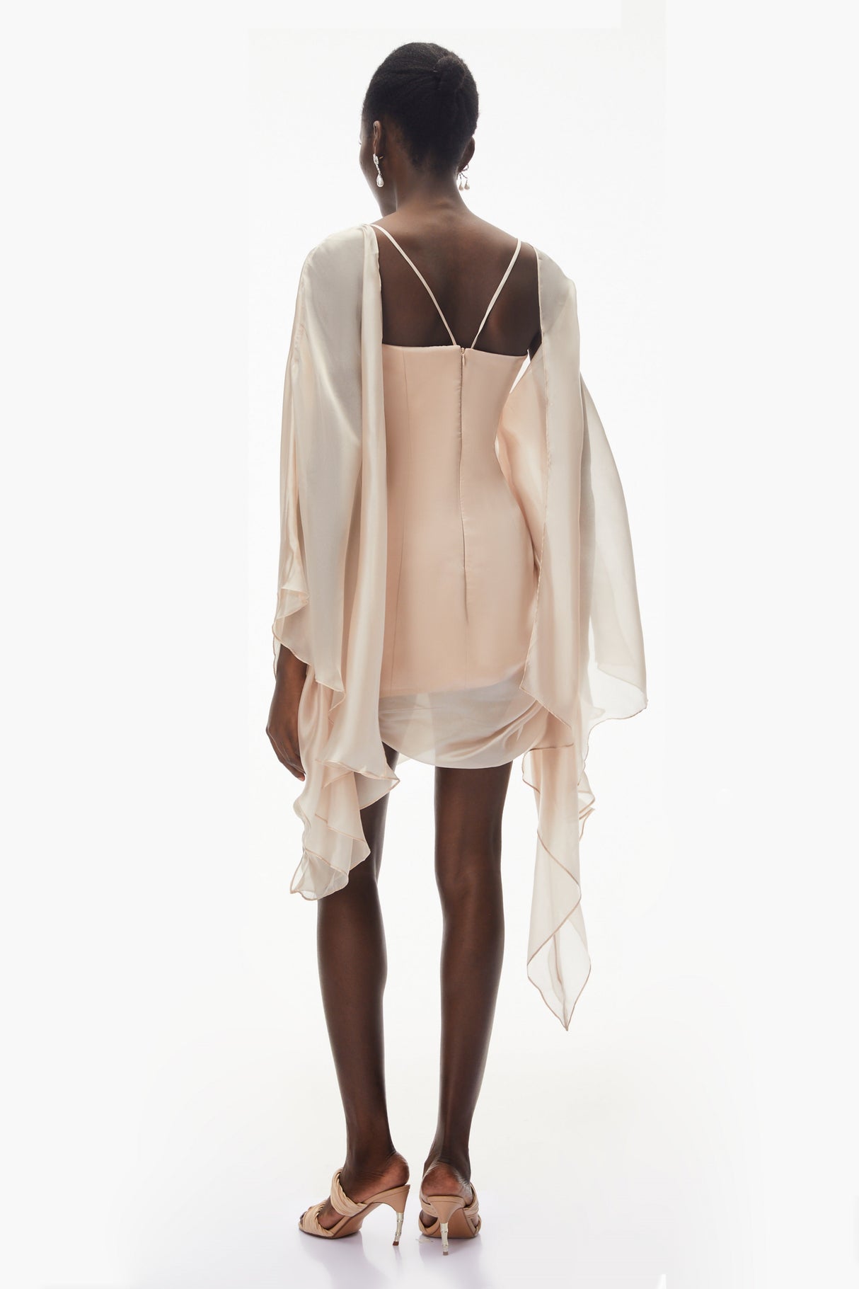 Aurohaya Willow Pink Asymmetrical Ruched Mesh Mini Dress