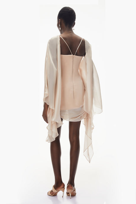 Aurohaya Willow Pink Asymmetrical Ruched Mesh Mini Dress