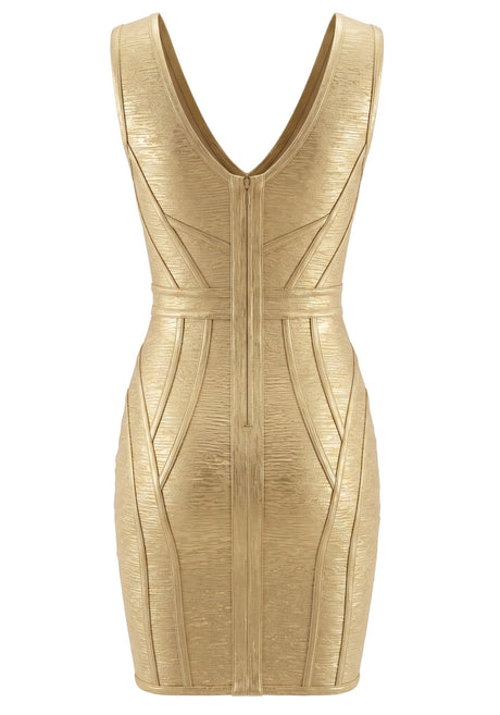 Woodgrain Foil Print Structured Dress Gold