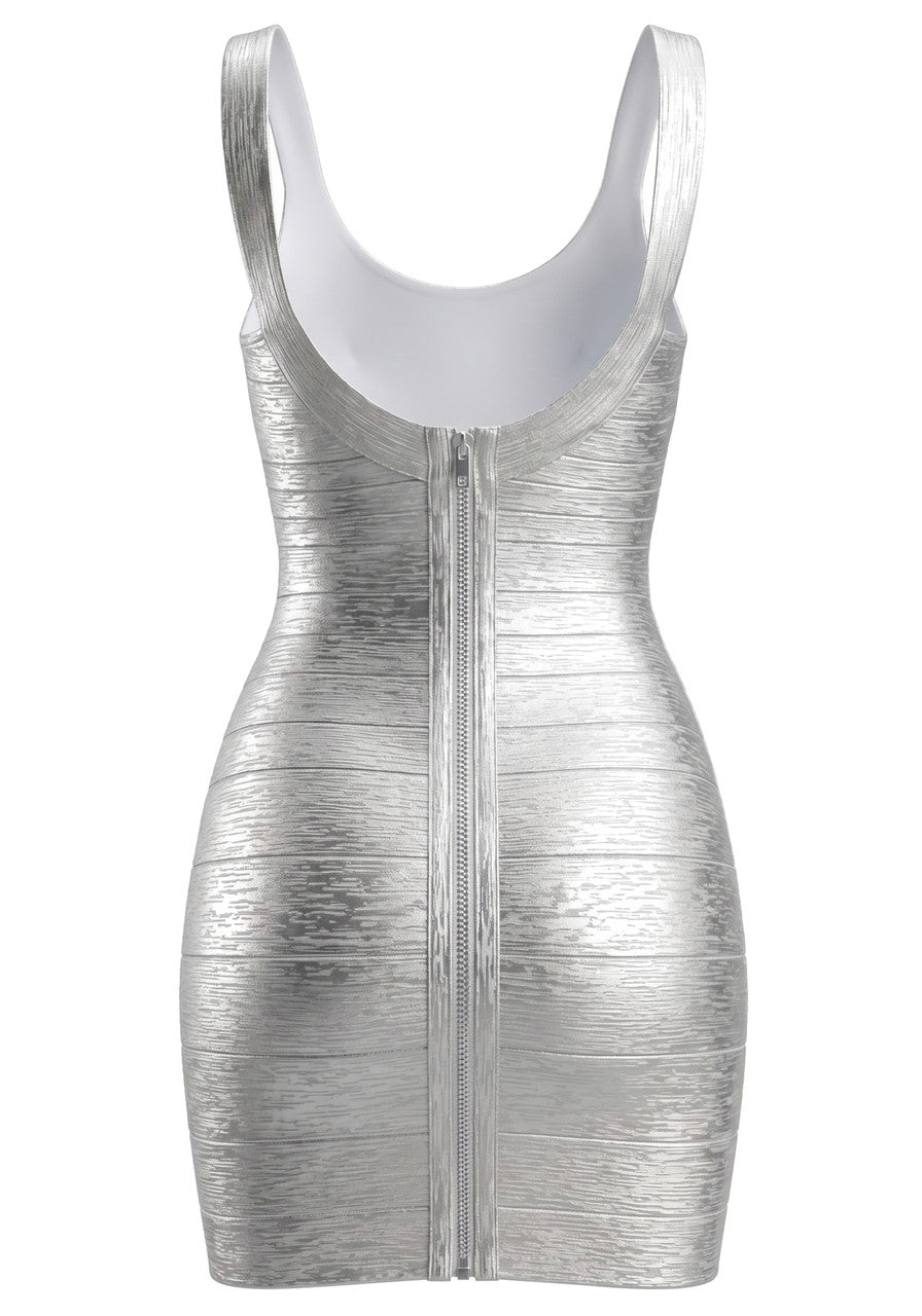 Woodgrain Foil Print Dress Silver