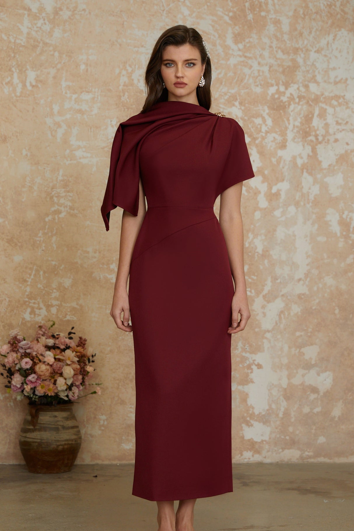 Aurohaya Wren Burgundy Asymmetrical Cape Maxi Dress