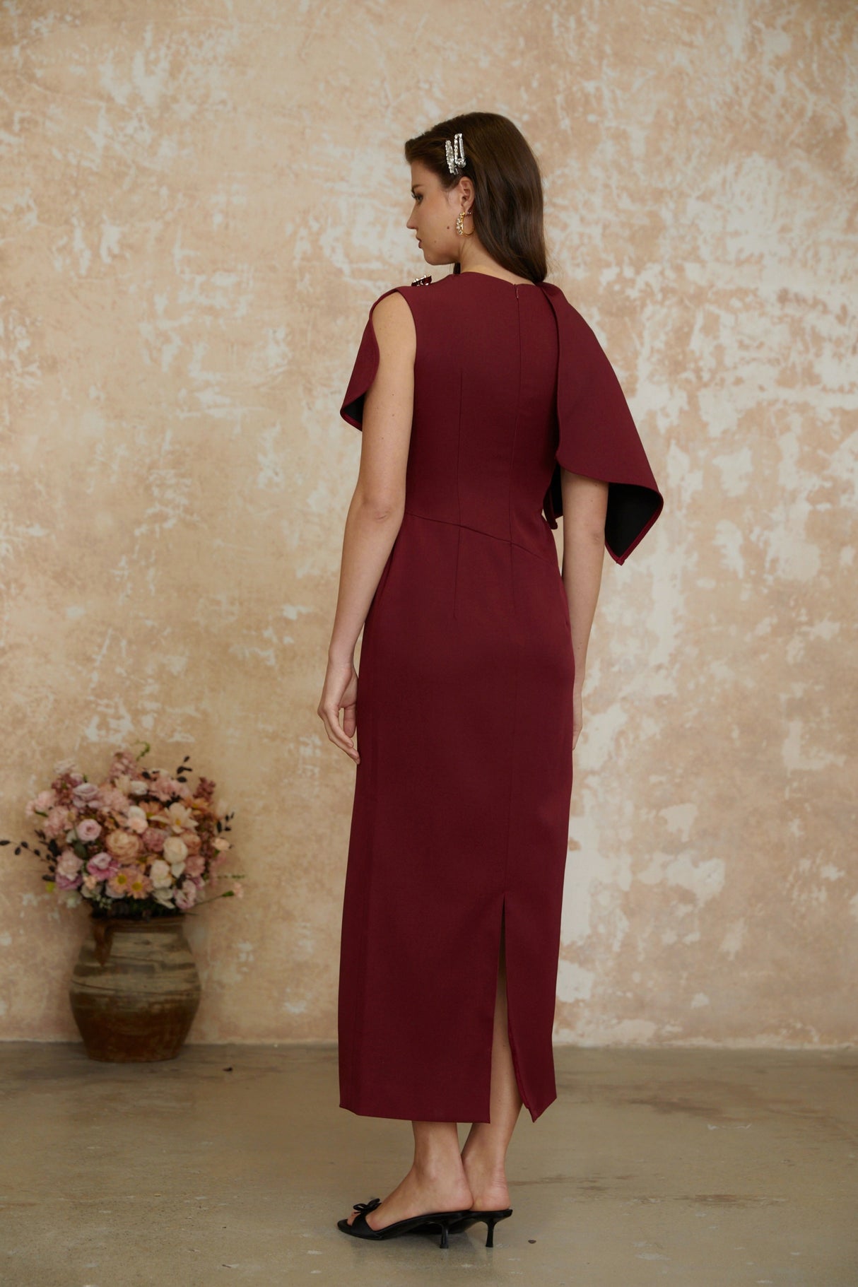 Aurohaya Wren Burgundy Asymmetrical Cape Maxi Dress