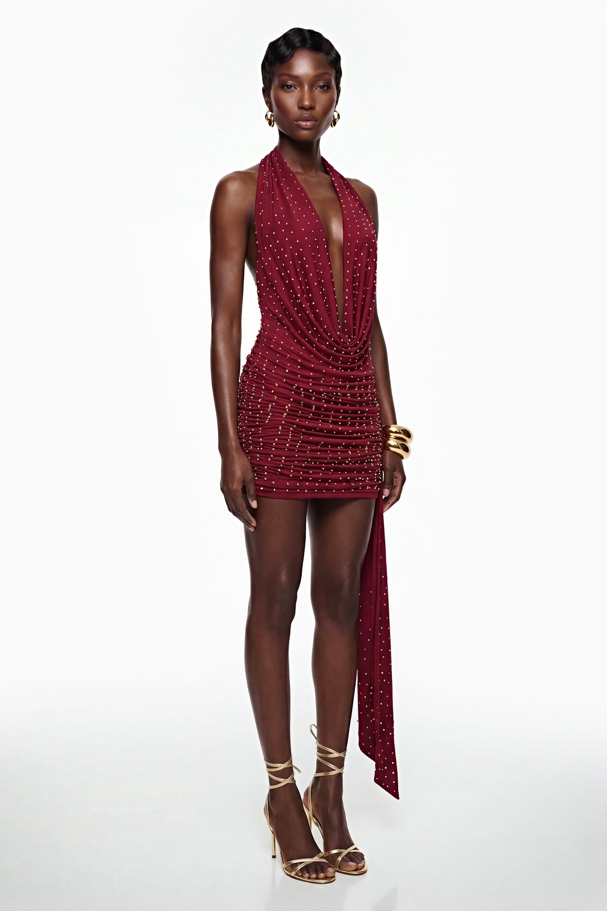 Aurohaya Xanthe Burgundy Beaded Mini Dress with Ribbon Detail