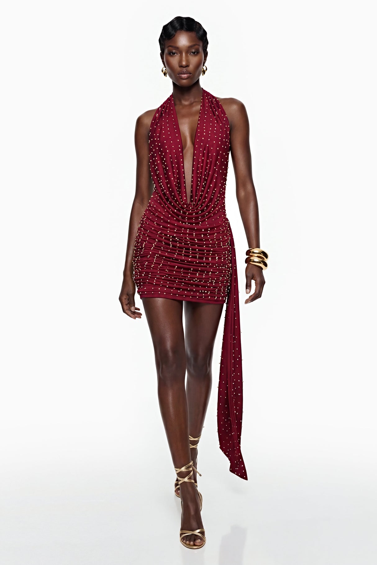 Aurohaya Xanthe Burgundy Beaded Mini Dress with Ribbon Detail