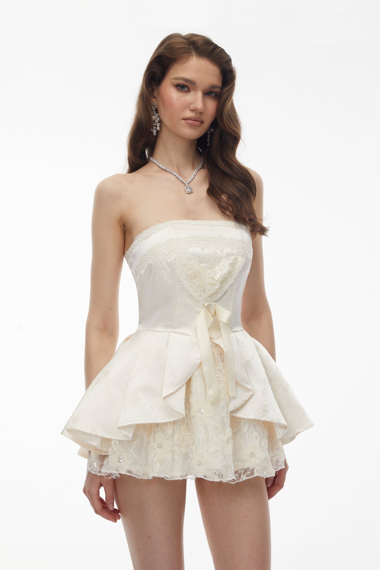 Aurohaya Xenobia White Off Shoulder Floral Lace Mini Dress